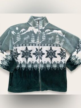 Cabela's Green White Zip-Up Fleece Jacket with Snowflake & Mountain Pattern XL